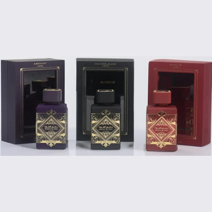 Lattafa Perfumes Bade'e Al Oud for Unisex 3 Piece Eau de Parfum Gift Set (Oud For Glory + Amethyst + Sublime) 3.4 Ounce/100 ml each