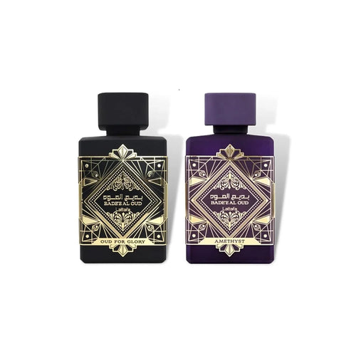 Lattafa Bade'e Al Oud 2-Piece Set for Unisex, (3.4 Oz Amethyst Eau De Parfum Spray + 3.4 Oz Oud for Glory Eau De Parfum Spray)