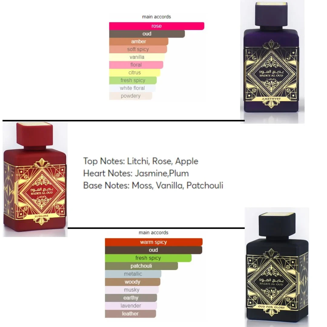 Lattafa Perfumes Bade'e Al Oud for Unisex 3 Piece Eau de Parfum Gift Set (Oud For Glory + Amethyst + Sublime) 3.4 Ounce/100 ml each