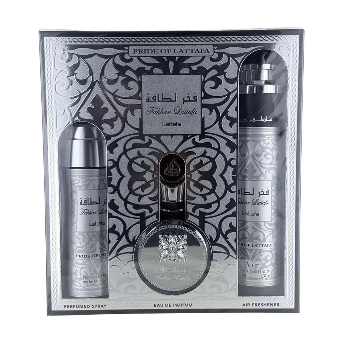 Lattafa Fakhar Collection – Fresh, Woody, Amber, Musky – 3 Piece Gift Set for Men (3.4 Oz Eau de Parfum + 6.67 Oz Deodorant + 10.1 Oz Air Freshener)