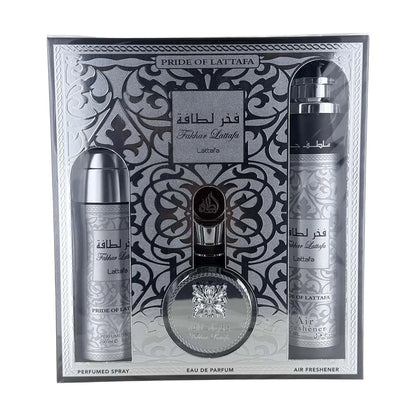 Lattafa Fakhar Collection – Fresh, Woody, Amber, Musky – 3 Piece Gift Set for Men (3.4 Oz Eau de Parfum + 6.67 Oz Deodorant + 10.1 Oz Air Freshener)