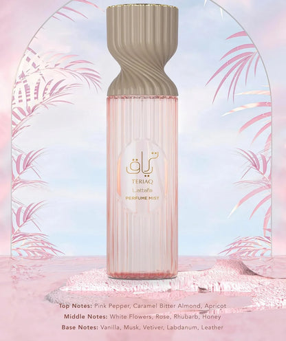 Lattafa Teriaq Perfume Mist 250ml – Spicy-Sweet Body Spray with Pink Pepper, Caramel, Bitter Almond, Rose, Rhubarb, Vanilla, Musk, Vetiver, Labdanum & Leather